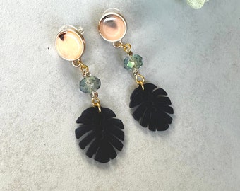 Navy Monstera Leaf and Iridescent Bead Dangle Earrings