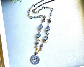 Periwinkle and Yellow beaded Clock Necklace | Beaded Necklace with Baby Blue Beads and Watch Pendant