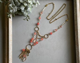 Stunning Handmade Pink and Gold Necklace | Lariat style necklace with light pink beads and golden tassels | Long Pink and Gold Necklace