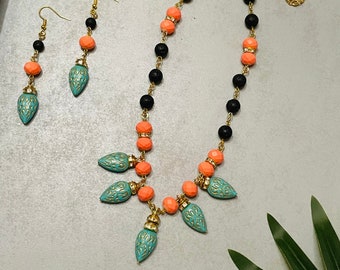 Vibrant Handmade Necklace and Earring set! // turquoise peach and black beaded necklace // long gold colorful necklace and earrings set