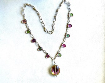 Purple and Pink Iridescent Necklace | Princess Drop Necklace with Teardrop Iridescent Beads