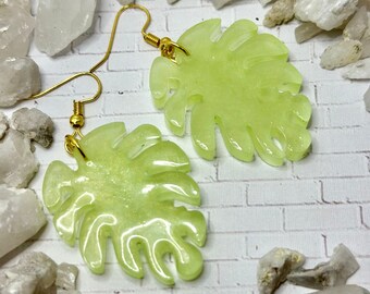 Handmade Glow in the Dark Resin Monstera Earrings