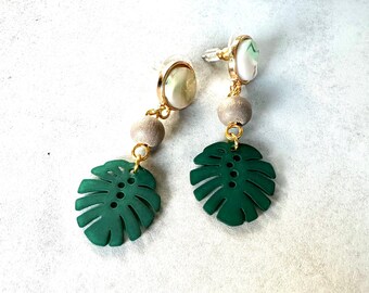 Green Monstera Leaf Push Back Dangle Earrings