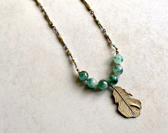 Long Necklace with beautiful crafted marble beads and leaf pendant // Simple Long Necklace // Teal Beads and Bronze leaf Necklace