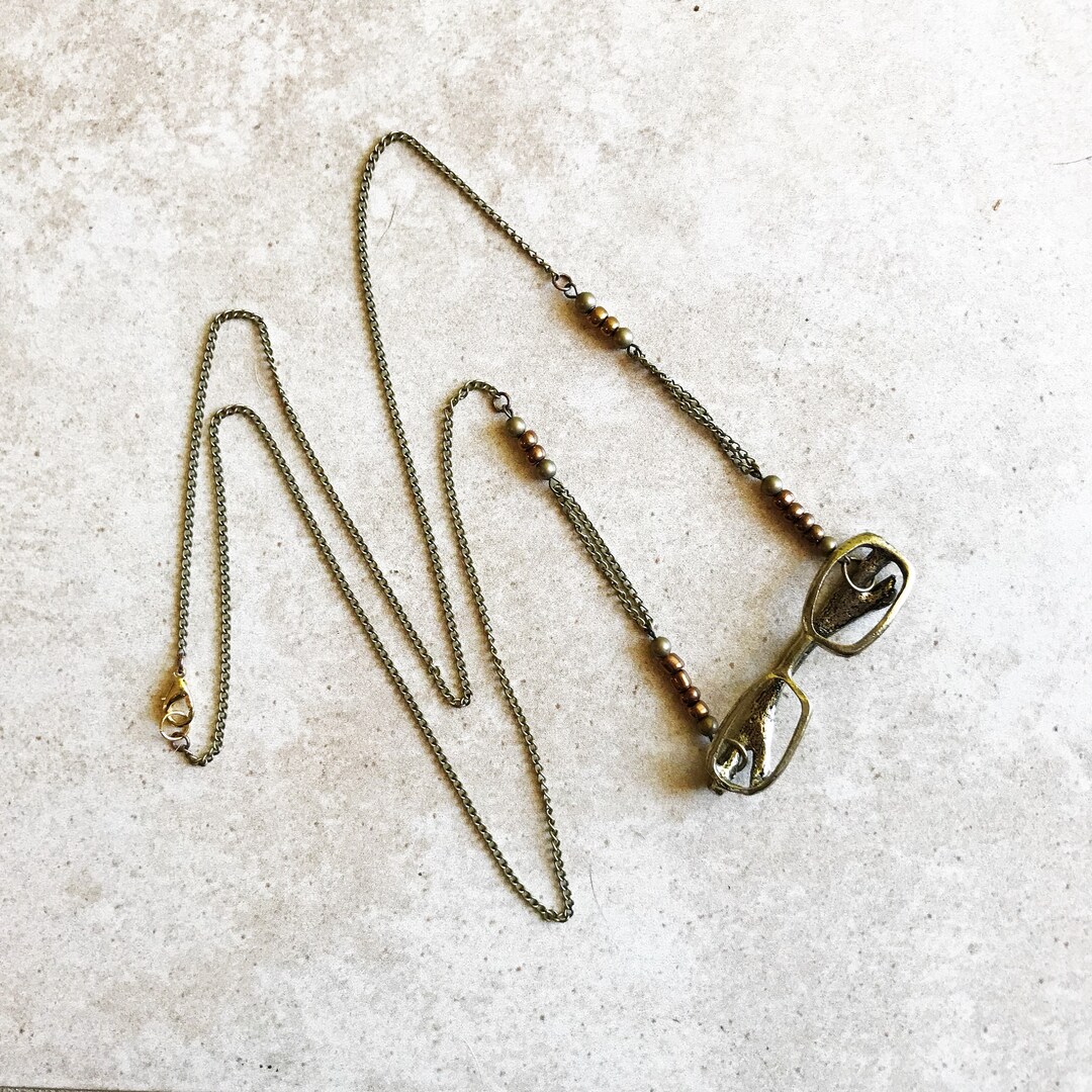 Spectacles necklace // beaded chain // bronze glasses // long necklace