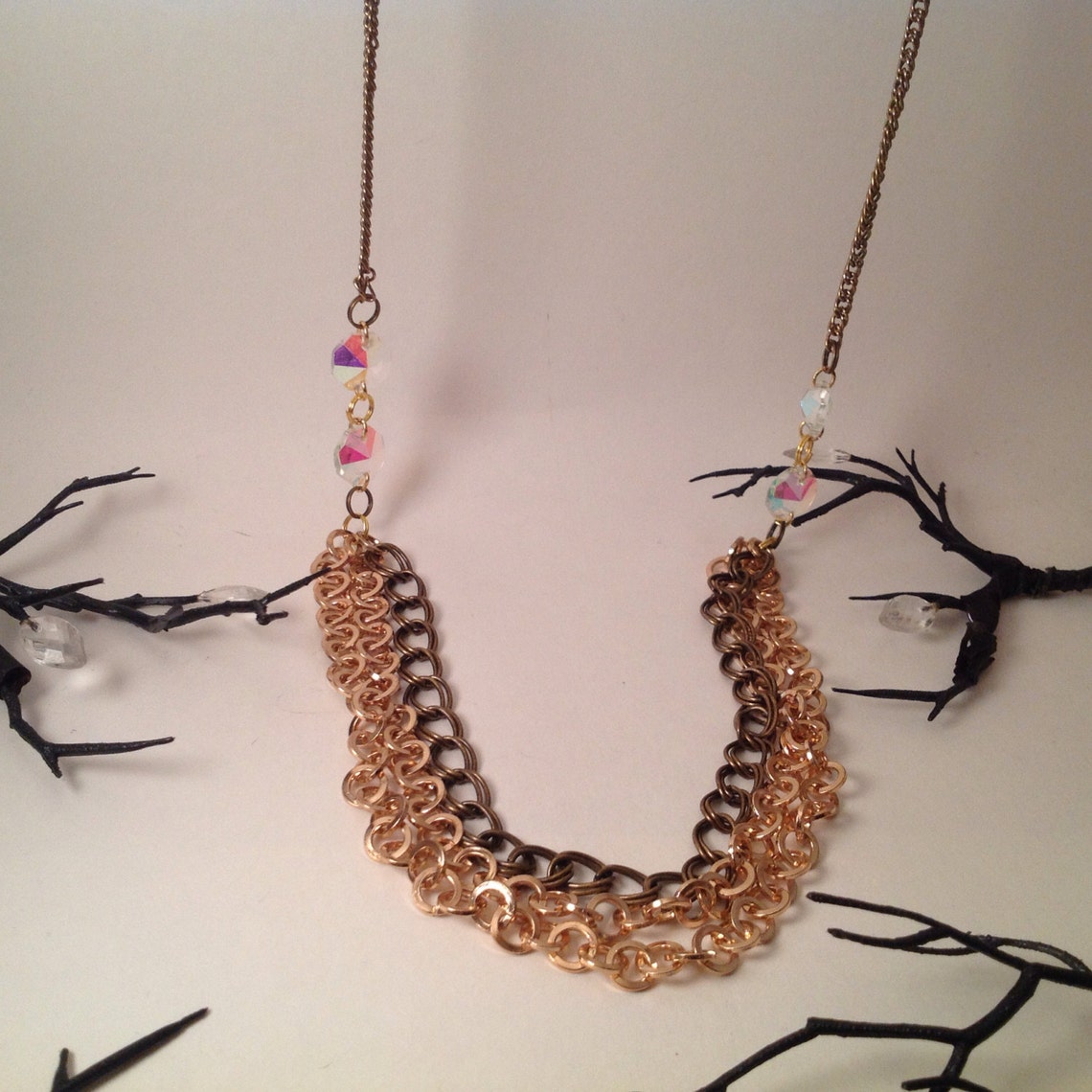 Long Necklace // Gold and Bronze Necklace // Triple Chain Etsy