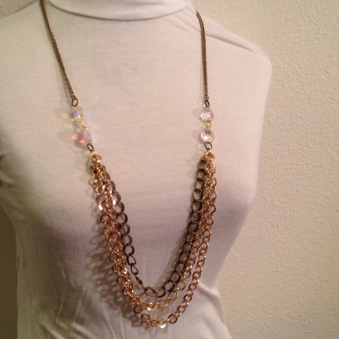 Long Necklace // Gold and Bronze Necklace // Triple Chain Etsy