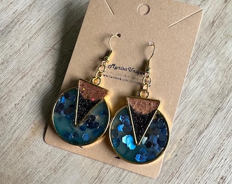 Artistic Resin Earrings | Gold and Blue Resin Art Deco earrings