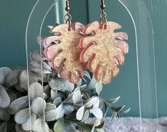 Handmade Resin Monstera Earrings | Monstera Leaf Dangle Earrings | Plant Leaf Fishhook Earrings
