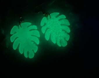 Handmade Glow in the Dark Resin Monstera Earrings