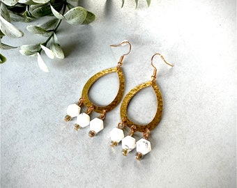 Elegant 10kt Gold-Plated Hammered Teardrop Earrings with White Geometric Howlite Beads