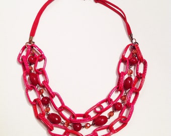 Red Chunky Chain Statement Necklace // Handmade red necklace // Red Suede and chain necklace