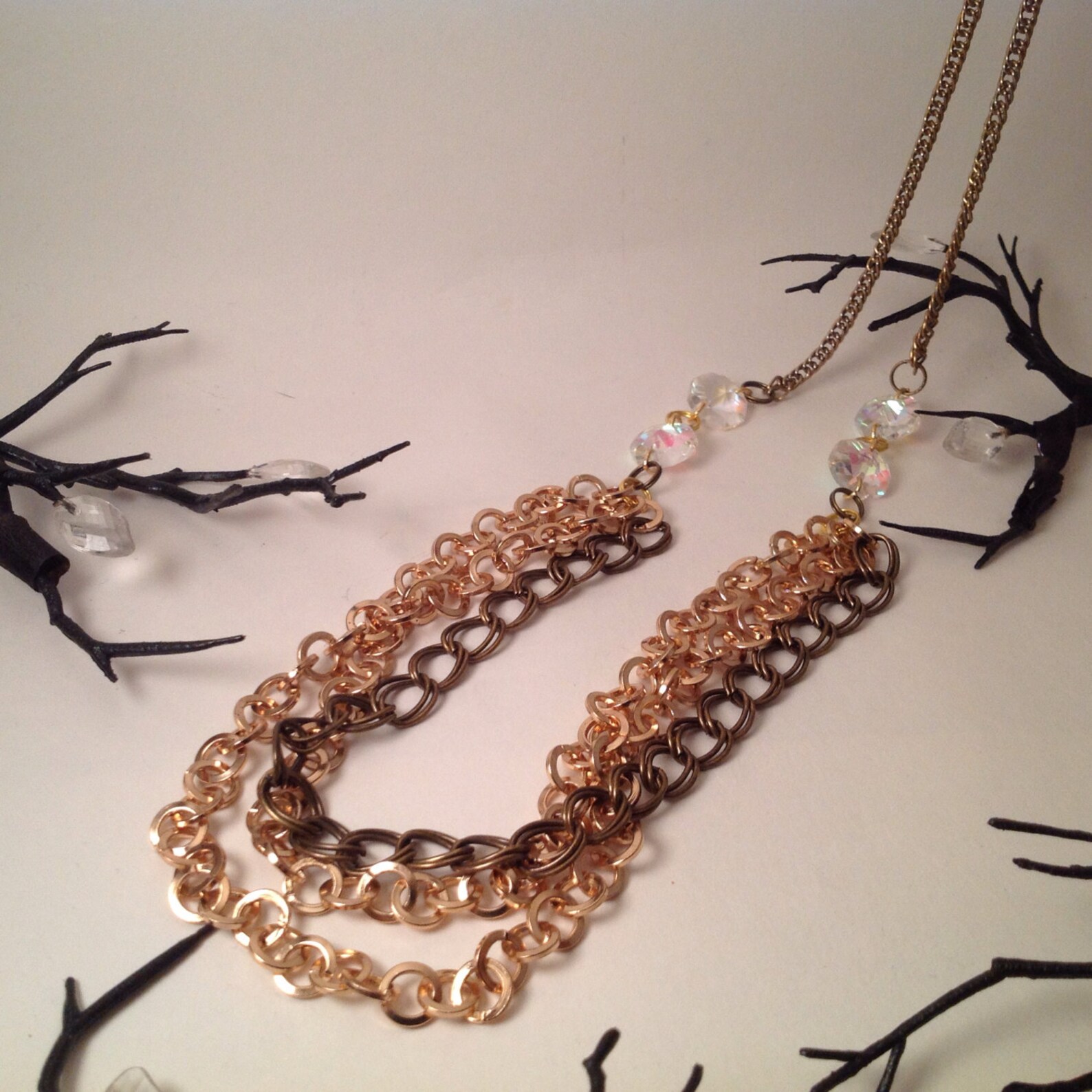 Long Necklace // Gold and Bronze Necklace // Triple Chain Etsy