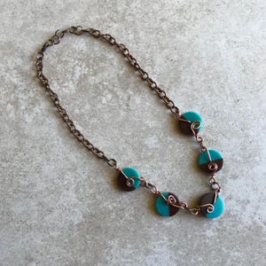 Wire wrapped necklace and earring set with teal and blue beads // necklace set // copper colored wire