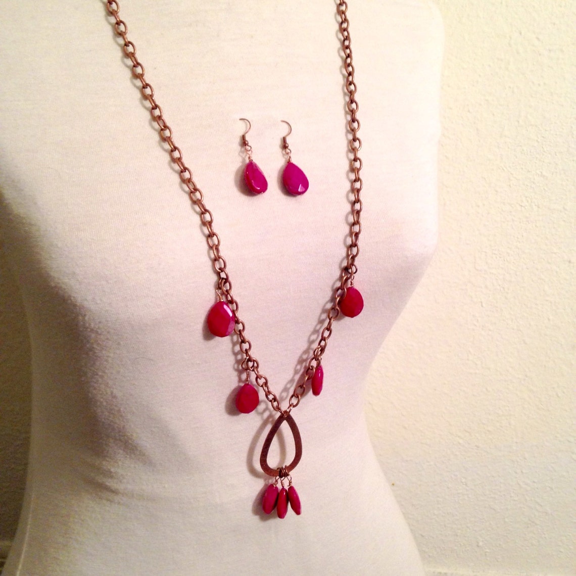 Pink Jewelry Set // Pink Teardrop Pendant Necklace With Etsy