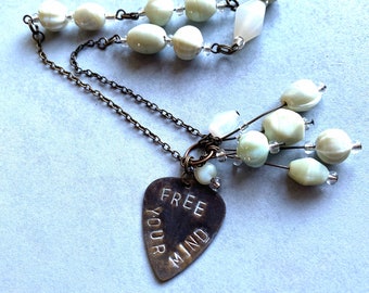 Free Your Mind hand-stamped necklace // Hand Stamped guitar pick necklace “Free Your Mind” // Long hand stamped necklace