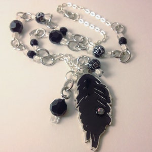 Blackbird feather and silver feather pendant beaded necklace handmade original jewelry