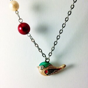 Minimalist Bird Necklace - peach and red accent beads original jewelry