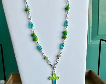 Ombré Green and Teal Resin Cross Necklace l Beaded Necklace with Cross Pendant | Spring Necklace