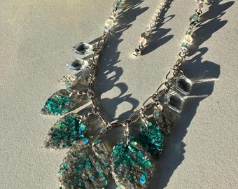 Irridescent Resin Handmade Statement Necklace | Simple Statement Turquoise and Gray Leaf Necklace | Mystical Whimsical Jewelry