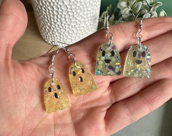 Resin Ghost Dangle Earrings | Colorful Spooky Earrings | Handmade Resin Earrings