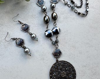 Long Navy Necklace and Earring set with resin and stone elements | Avant Garde Jewelry Set with handmade geometric resin beads