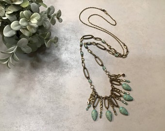 Long Beaded Fringe Necklace // BOHO Necklace // Bronze and Turquoise teardrop beaded fringe necklace