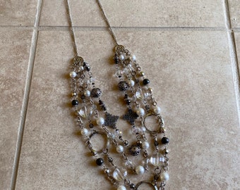 Long Silver and Pearl Multi Strand Necklace // Long Necklace with multiple chains // Gray and White necklace