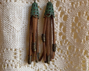 Long brown suede tassel earrings // Suede Chandelier Earrings // Handmade Suede tassel earrings