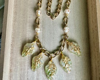 Chunky Opalite and Gold toned Resin Pendant Necklace | Handmade Avant Garde style pendant necklace | Mixed media and Upcycled necklace