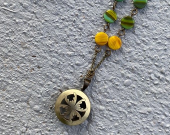 Green and Yellow beaded necklace with decorative bronze locket // locket pendant // unique locket necklace