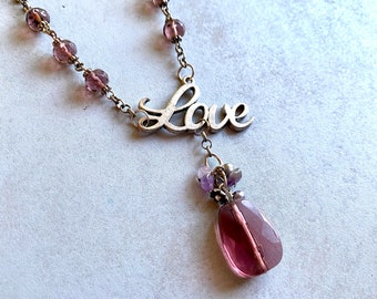 Love Keyword Necklace with Mauve Beading // Love Necklace // Valentines Day Necklace // Valentine’s Gift