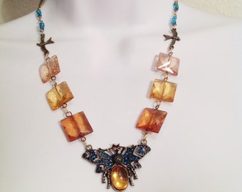 Colorful Insect Necklace // Cicada Pendant Necklace // Amber and Blue beaded Necklace