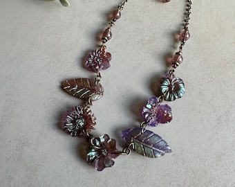 Irridescent Resin Floral Handmade Necklace | Simple Statement Flower and Leaf Necklace | Wedding Whimsical Jewelry | Purple Necklace