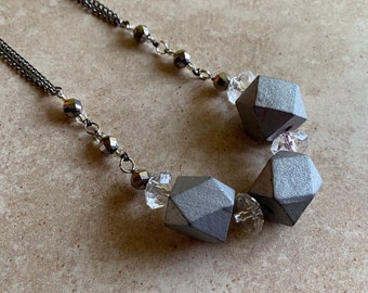 Silver Geometric Necklace with wooden beads // Silver statement necklace with three large beads