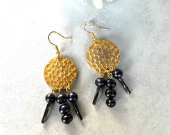10kt gold plated hammered circle earrings adorned with delicate blue freshwater pearl beads