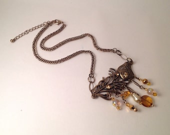 Metal charm necklace // Bronze necklace // Amber bead necklace // metal feather necklace