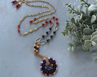 Colorful Primary Color Necklace | Gold tone red, blue, and yellow necklace set | Glass Pendant Necklace & Earring set