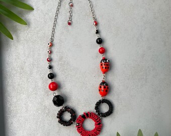 Unique red and black lady bug necklace | Mixed material necklace | Glass beaded lady bug necklace