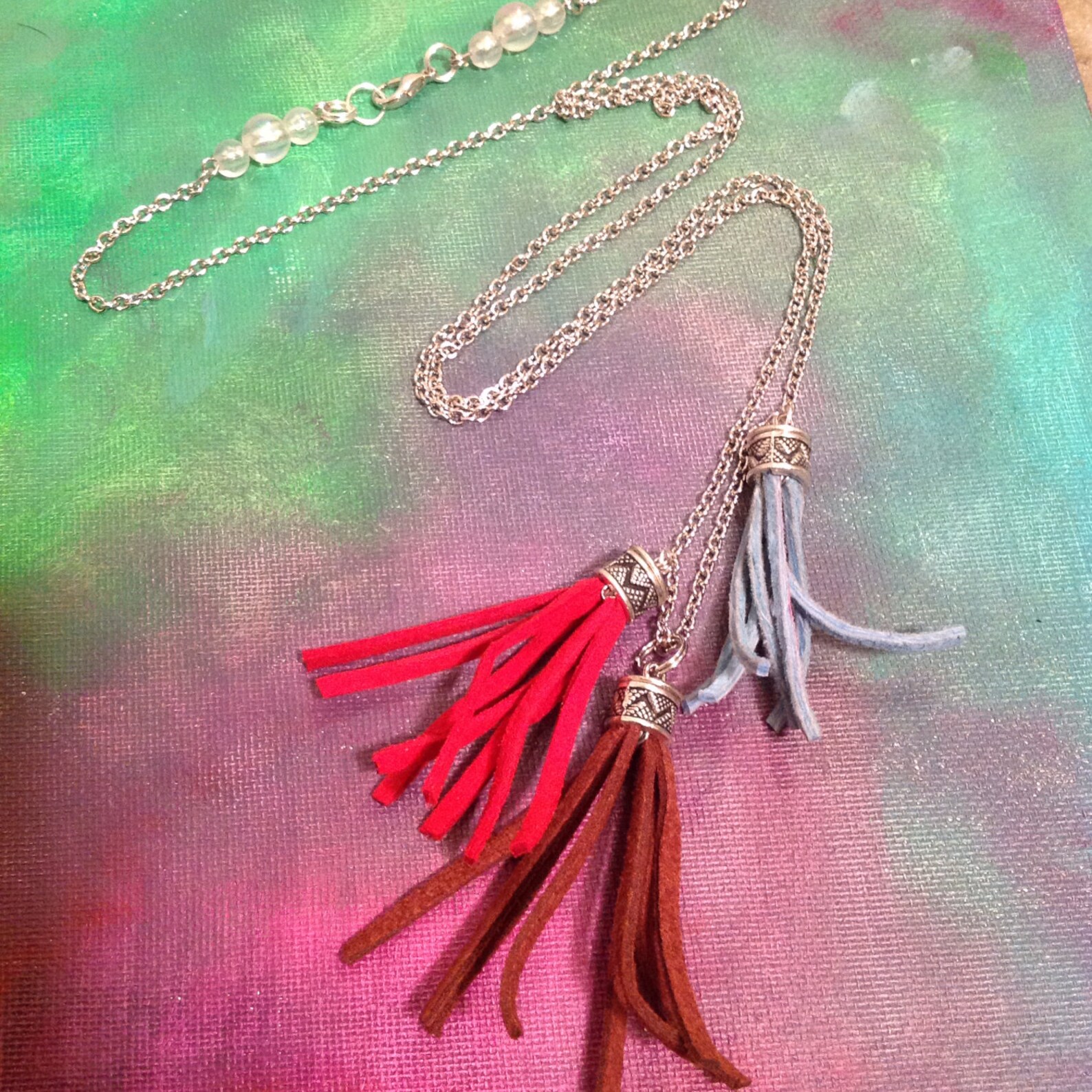 Long Tassle Necklace // Red Brown and Blue Necklace // Suede - Etsy