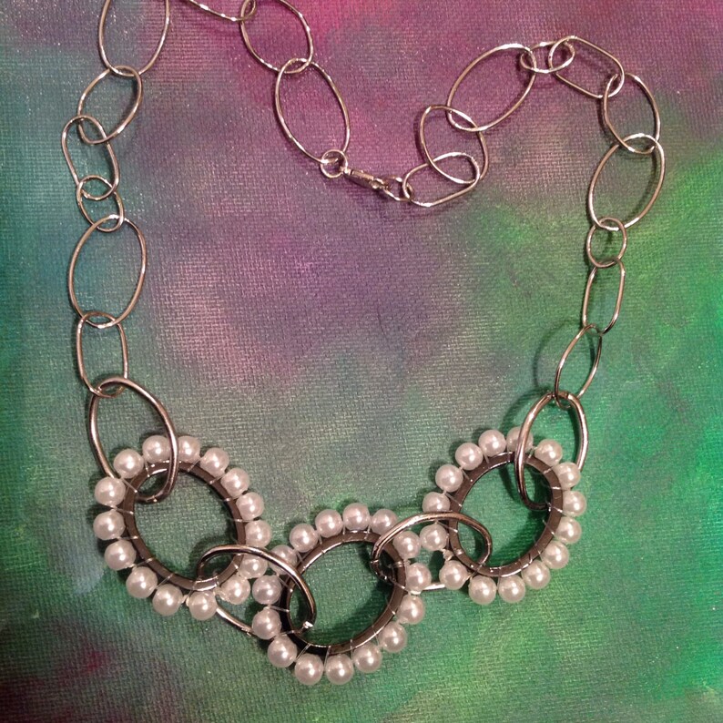 Pearl circle necklace // funky statement necklace // white and Etsy