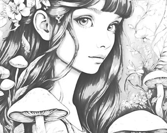 Cottagecore whimsy Adult Digital Coloring book page girl with mushrooms grayscale