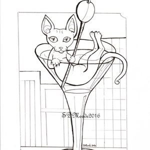 Digital Stamp-Kitty Martini, Adult coloring page, kitty in a Martini glass