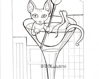 Digital Stamp-Kitty Martini, Adult coloring page, kitty in a Martini glass