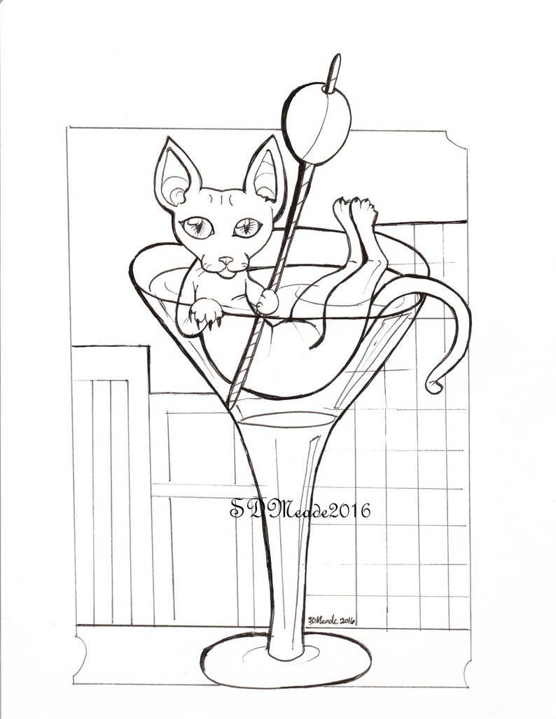 Digital Stamp-Kitty Martini, Adult coloring page, kitty in a Martini glass image 1