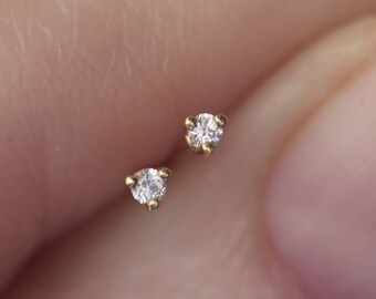 14K Solid Gold Seriously Tiny White Sapphire Stud Earrings - Pair