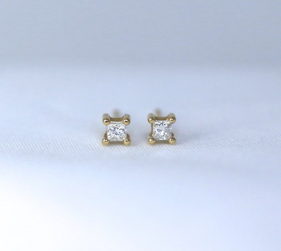 14K Solid Gold Tiny Princess Diamond Stud Earrings 2mm Square | Etsy
