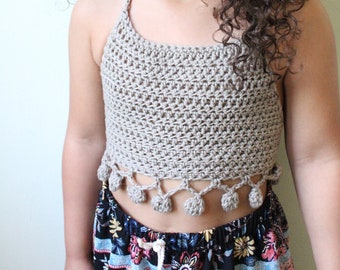 CHILDRENS PomPom Halter Top Crochet PDF Pattern DIY Child Crocheted Belly Shirt Bohemian Festival Beach Brand Repping Kids Birthday Boho