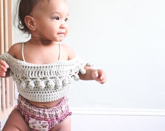 BABY PomPom Crop Top Crochet PDF Pattern DIY Infants Crocheted Belly Shirt Off the Shoulder Festival Beach Brand Repping First Birthday