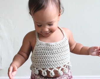 BABY PomPom Halter Top Crochet PDF Pattern DIY Crocheted Belly Shirt Bohemian Festival Beach Brand Repping Kids Birthday Boho Photoshoot